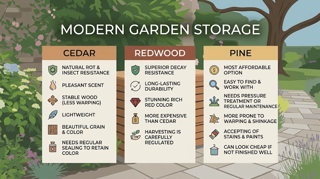 Infographic comparing the pros and cons of cedar, redwood, and pine wood types for building an outdoor storage enclosure.