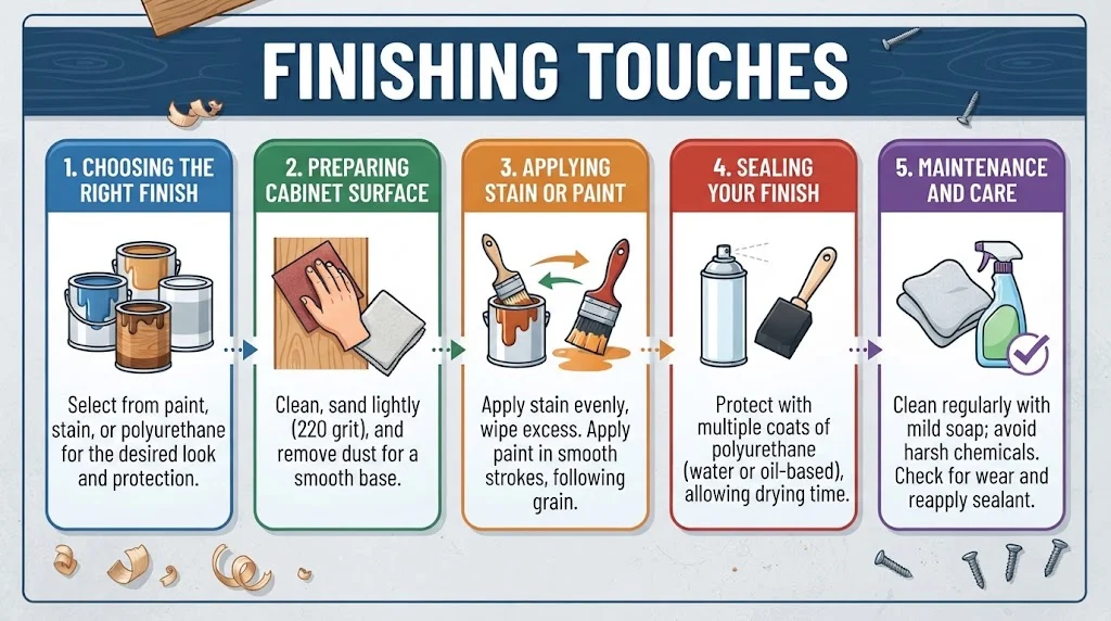 An infographic titled "FINISHING TOUCHES" divided into five steps with icons and descriptions: Choosing the Right Finish, Preparing Cabinet Surface, Applying Stain or Paint, Sealing Your Finish, and Maintenance and Care.